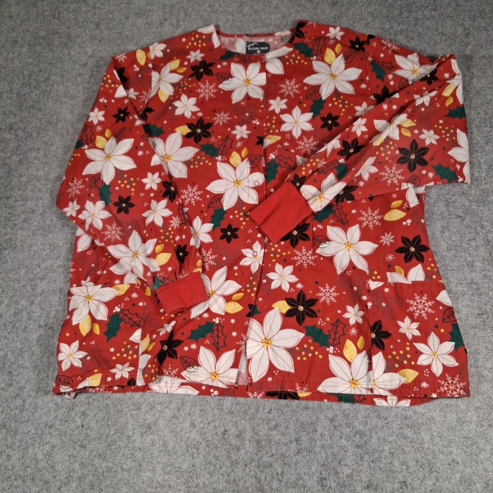 Butter-Soft Scrub Jacket Womens 2X Red Christmas Poinsettia Snap‎ Front Holiday
